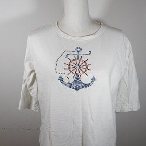 Women's Vintage White Tee Shirt with Beaded Anchor